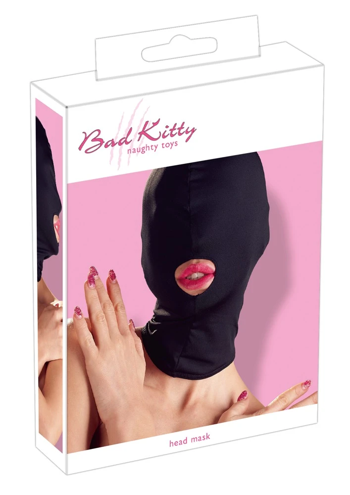 Schwarze, enganliegende Kopfmaske von Bad Kitty aus weichem Stretchmaterial mit Mundöffnung. Schwarze, enganliegende Kopfmaske von Bad Kitty aus weichem Stretchmaterial mit Mundöffnung.