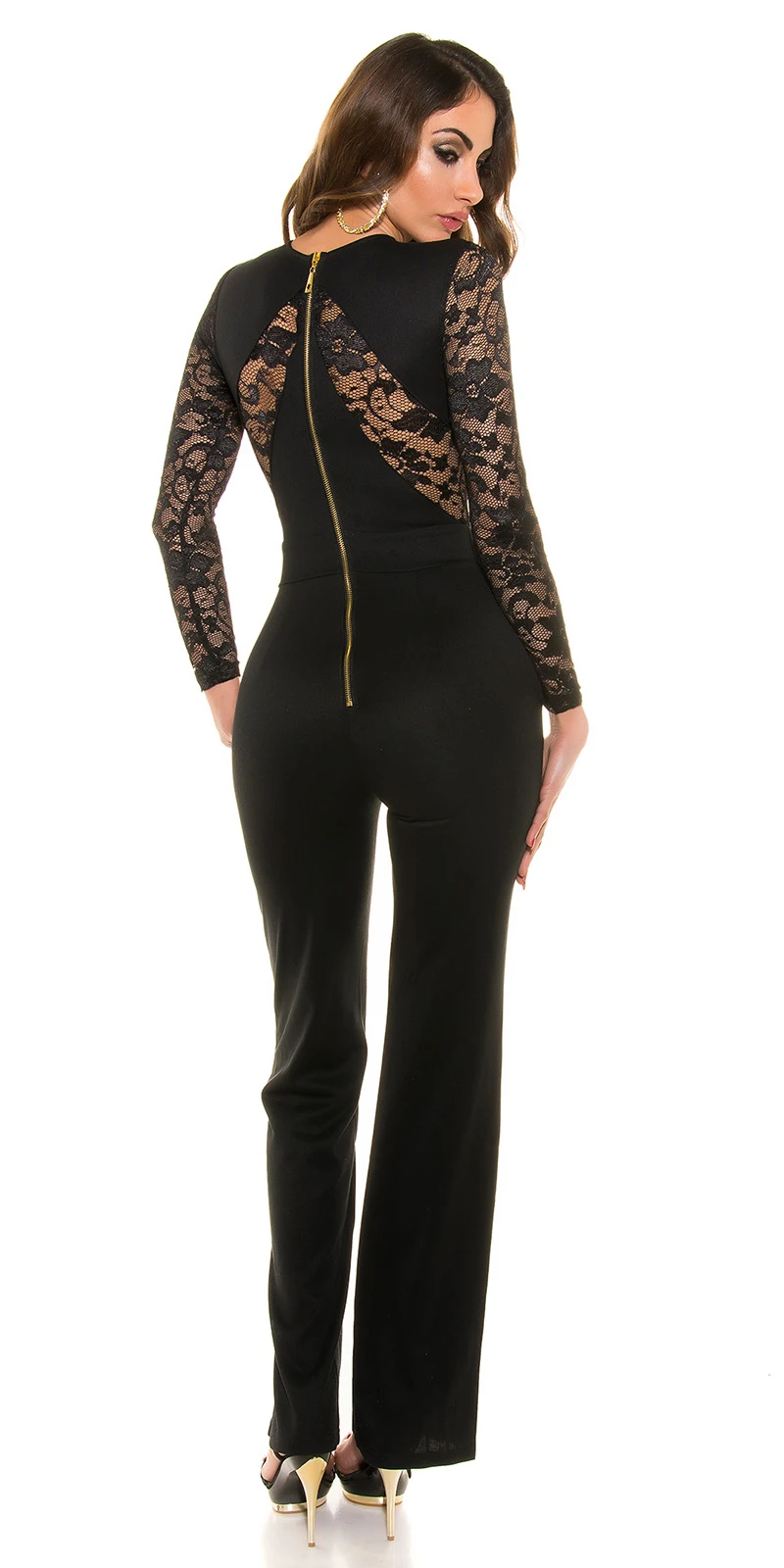Langarm Long Bootcut Jumpsuit mit Deko Spitze und Zipper Langarm Long Bootcut Jumpsuit mit Deko Spitze und Zipper