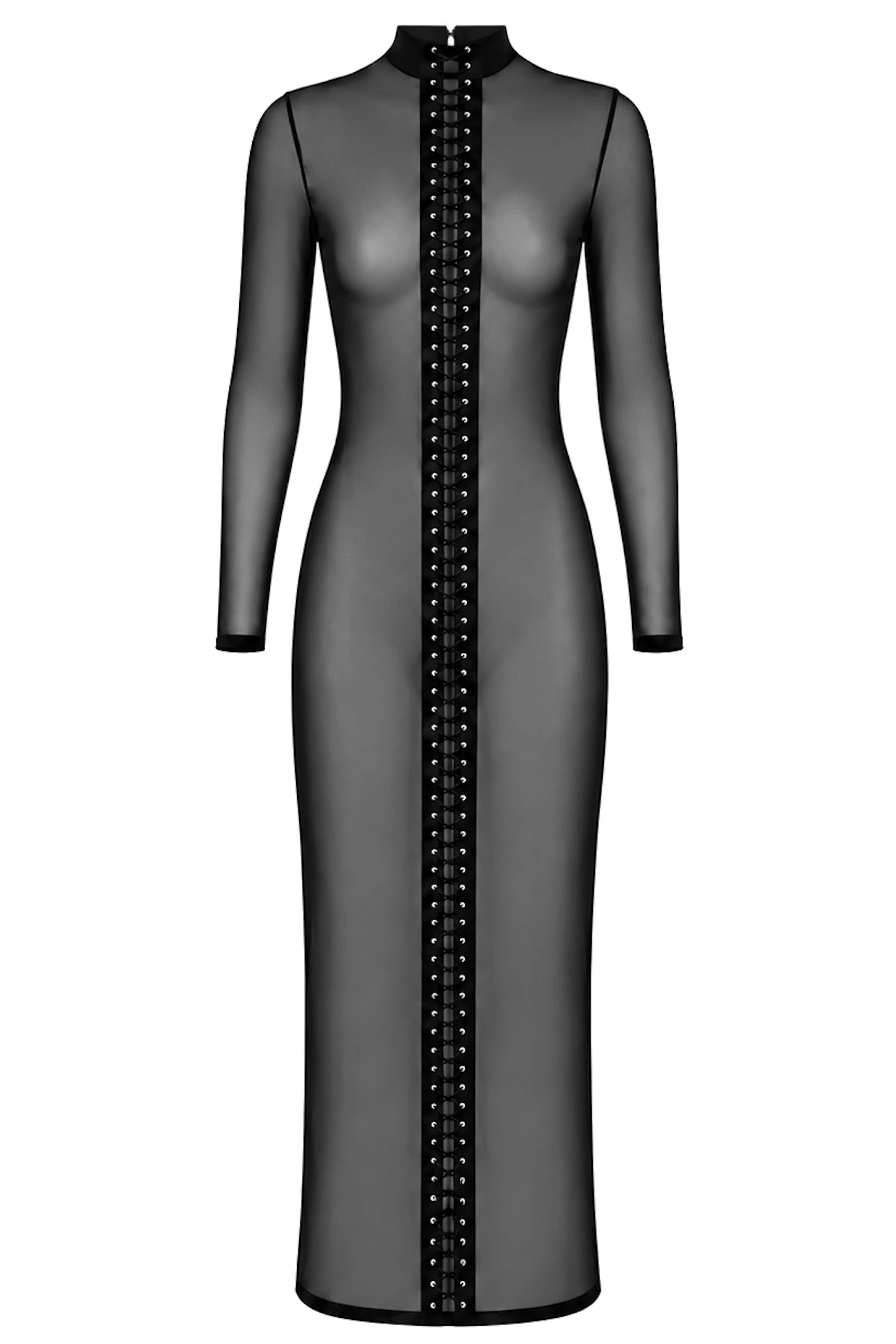 Maxikleid aus transparentem Tüll - Noir Handmade F410 Do Not Disturb - sexy in Schwarz mit durchgehender Schnürung und Stehkragen