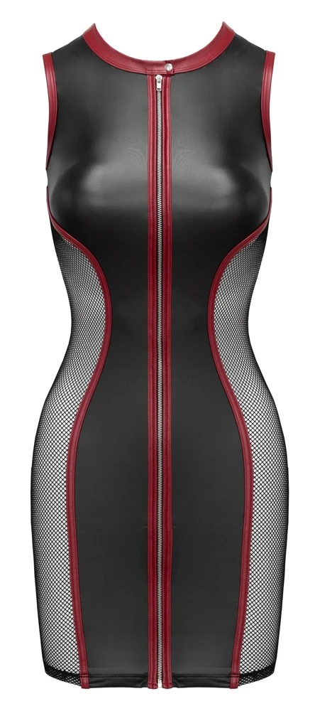 Minikleid Mattlook Schwarz Rot Netz-Einsätze Front-Zip figurbetont ärmellos enger Schnitt Partykleid Cottelli PARTY