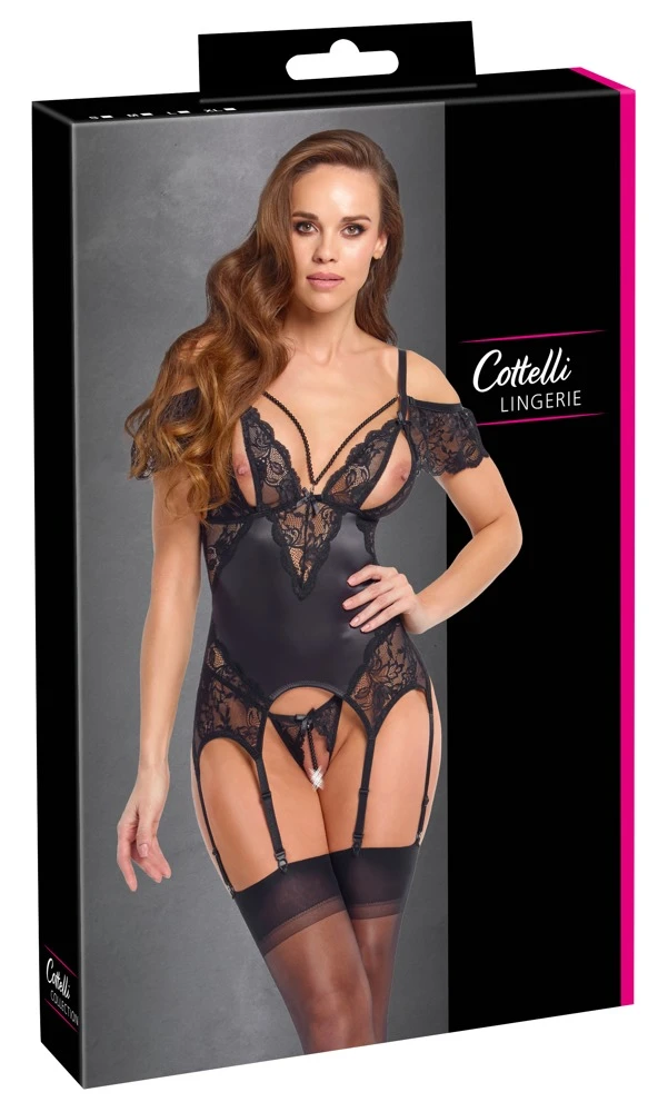 Strapshemd & String ouvert Set aus schwarzem Satin mit Spitze geschlitzten Cups und sinnlichen Perlenketten im Dekolleté und Schritt