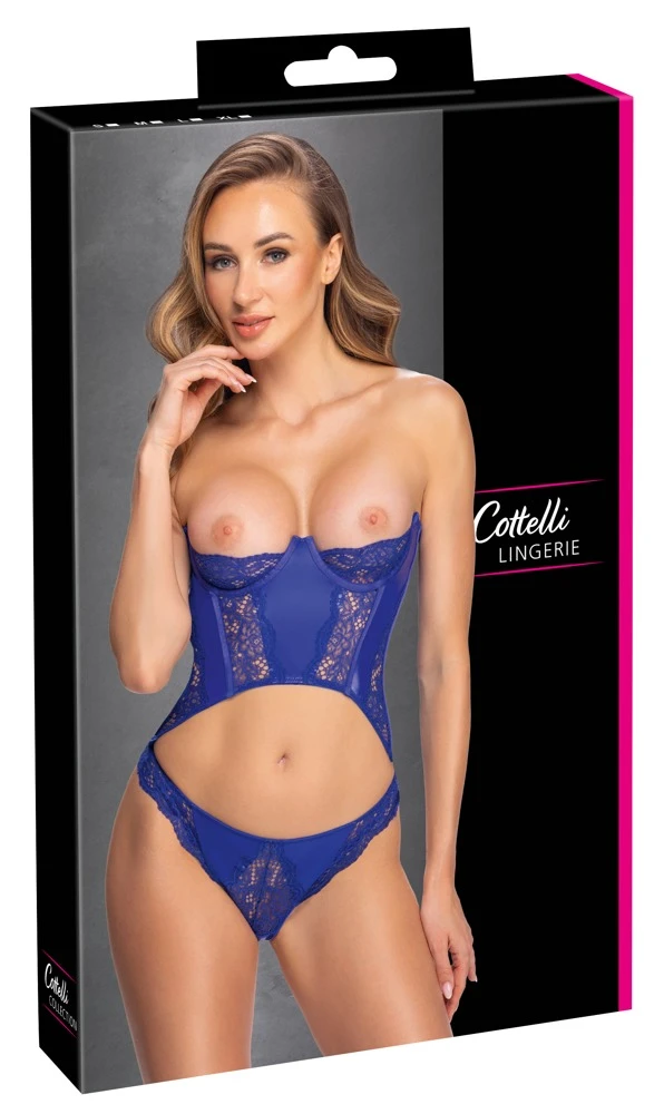 Cottelli LINGERIE Set in Royalblau, busenfreie Kurz-Corsage aus Wetlook & Spitze mit ¼-Bügelcups, verstellbarem Hakenverschluss hinten – dazu passender Riostring für einen sexy, erotischen Lingerie-Look mit Reizwäsche-Vibe