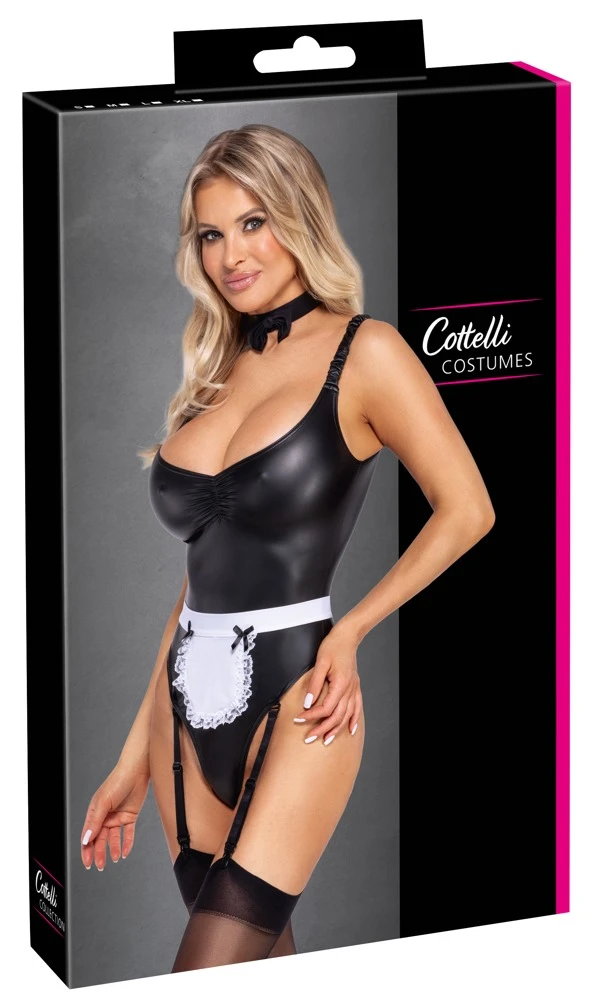 Cottelli Dienstmädchen-Kostüm 3-teilig mit Straps-Body Schürzchen und Halsband im schwarzen Mattlook mit tiefem Raff-Dekolleté