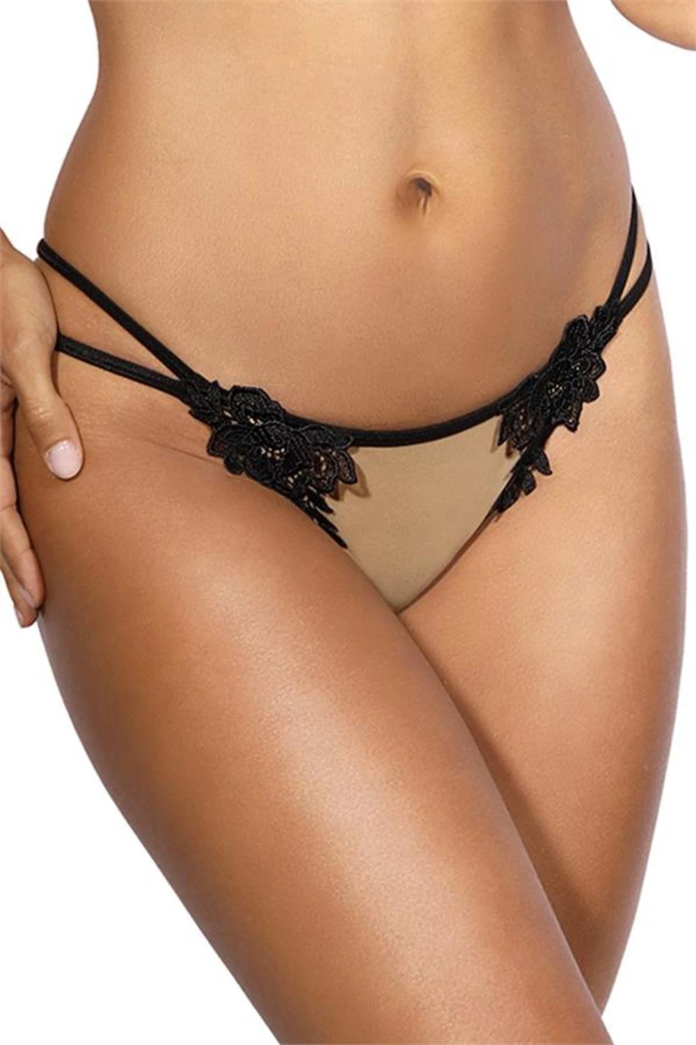 Axami zarter String aus beigen Stoff mit schwarzer Stickerei verziert