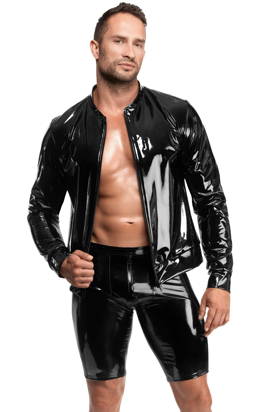 Herren Kinky Lack Jacke H092 aus glänzendem, dehnbarem Material mit breitem Bund, schwarzem Front-Reißverschluss und funktionalem 2-Wege-Zip für markante Styles von Noir Handmade Men