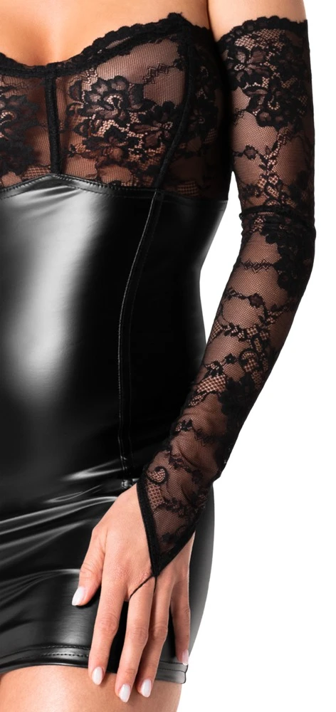 Noir Tube-Minikleid F340 aus Powerwetlook mit zarter Spitze & passenden Spitzen-Armstulpen, Elastisch & Trägerlos