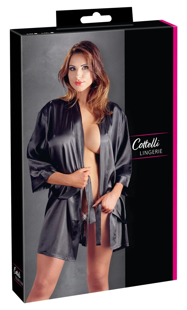 Cottelli LINGERIE Langarm Satin Look Kimono mit Spitze und Gürtel  Morgenmantel