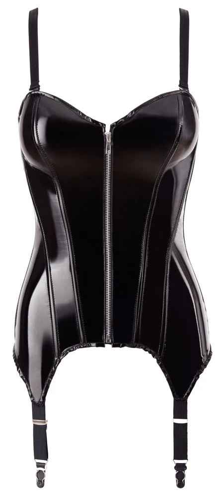 Strapshemd von Black Level komplett im schwarzen Lackglanz mit eingearbeiteten Formstäben für eine bildschöne Silhouette.