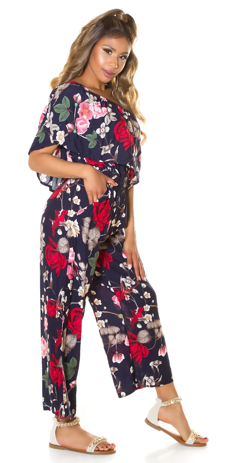 Rose Printed One Shoulder Maxi Marlene Viskose Jumpsuit mit Volant