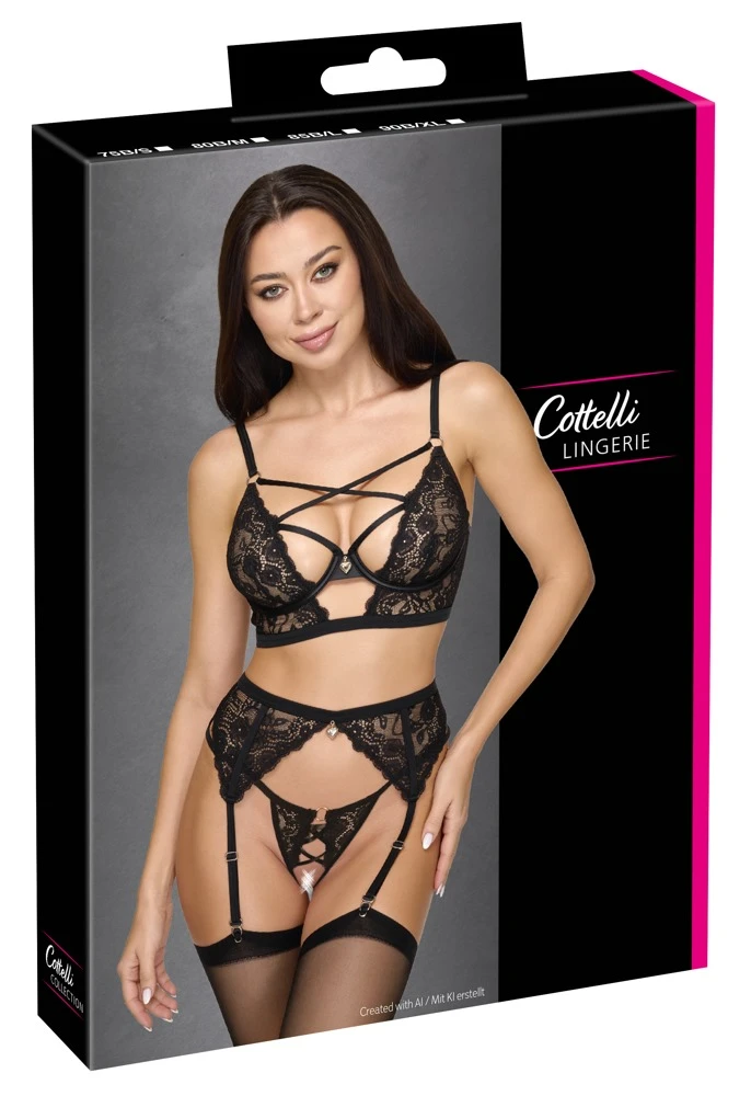 ottelli LINGERIE Straps-Set 3-teilig – Sexy Bügel-BH, Strapsgürtel & String ouvert aus schwarzer Blütenspitze mit goldenen Schmuck-Herzchen