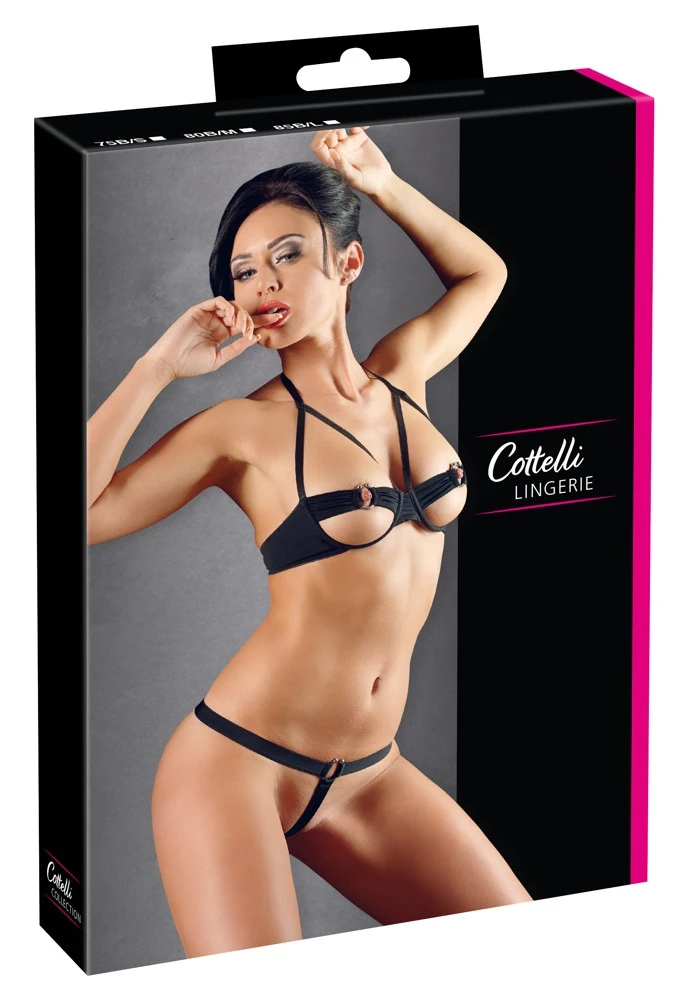 Cottelli LINGERIE Dessous Set Neckholder BH offen und String Bondage mit Metallringe