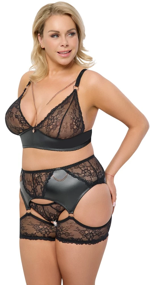 Cottelli CURVES Verführerisches Spitzen-Set von Cottelli CURVES mit roségoldenen Akzenten, bestehend aus Soft-BH, Slip ouvert und Strapsgürtel