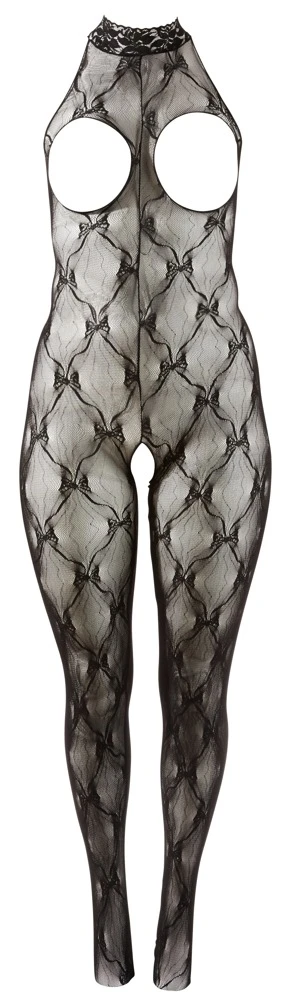 Fantasy by Cottelli Damen Catsuit Ouvert Netz Bodystocking mit Fuß Cut-outs busenfrei Neckholder Rautenspitze offene Schritt Reizwäsche Schwarz