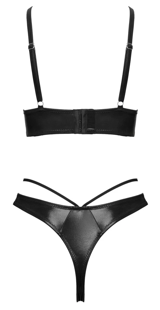 Cottelli LINGERIE Wetlook Bügel-BH & Ouvert-String Set schwarz Riemchen Dessous mit Bügel-Cups verstellbare Träger