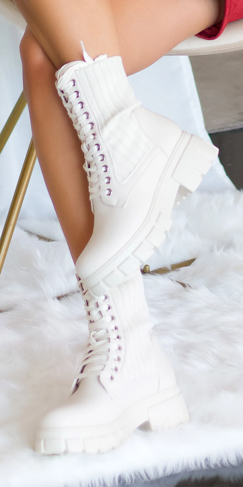 Fashion Schnür Kunstleder Damen Boots mit Strick-Einsatz Fashion Schnür Kunstleder Damen Boots mit Strick-Einsatz