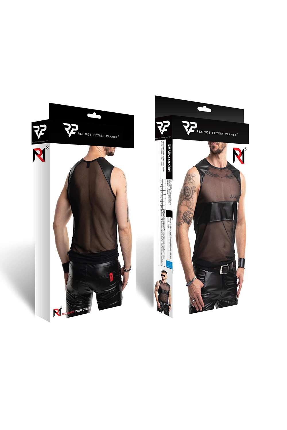 Schwarzes Herren Shirt RMSilvestro001 aus Wetlook und Mesh – transparenter Blickfang für definierte Schultern und maskuline Silhouette  von Regnes Fetish Planet