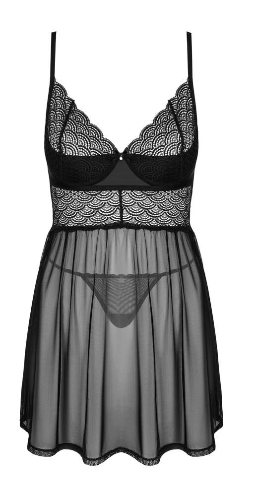 Obsessive kurzes Babydoll und String im schwarz-transparentem Set. Oberteil aus effektvoller Spitze mit leicht gepolsterten Bügel-Cups.