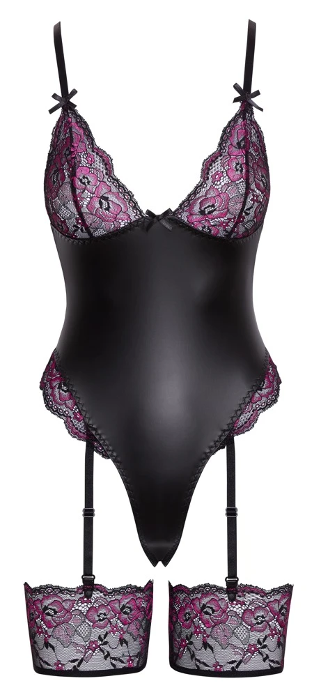 Cottelli LINGERIE Straps-Riobody im edlen Mattlook mit zweifarbiger Spitze, abnehmbaren Strapsen und verstellbaren Details