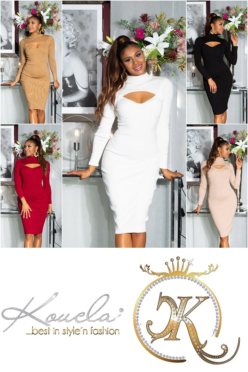 Midi Business Etui Feinstrick Kleid mit Turtle-Neck und Dekolleté-Cutout Midi Business Etui Feinstrick Kleid mit Turtle-Neck und Dekolleté-Cutout
