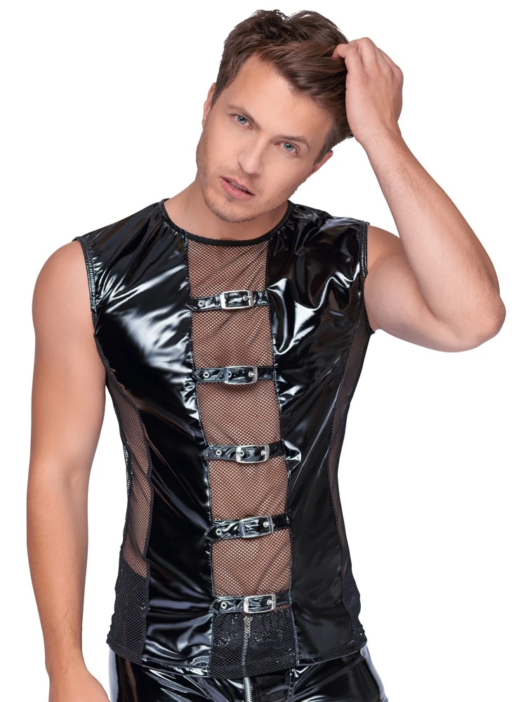 Extravagantes ärmelloses Shirt von Black Level aus bi-elastischem Lack mit Netz-Einsätzen vorne, seitlich und hinten. Mit 5 stylischen Schnallenriemen in der Front. Extravagantes ärmelloses Shirt von Black Level aus bi-elastischem Lack mit Netz-Einsätzen vorne, seitlich und hinten. Mit 5 stylischen Schnallenriemen in der Front.