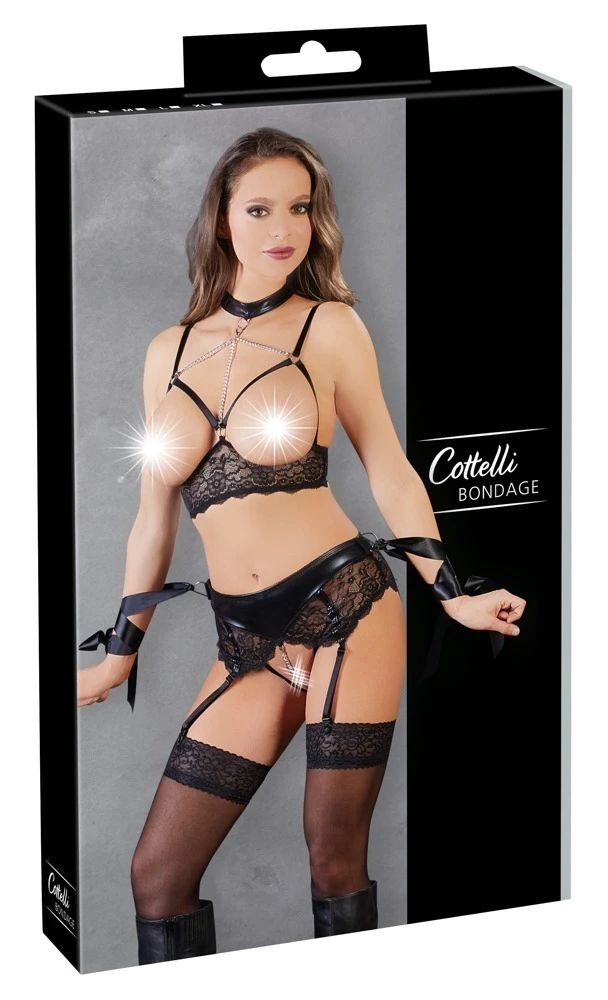 Cottelli BONDAGE Edler BH ouvert mit breitem Spitzenbund verstellbaren Trägern und Riemchen Details