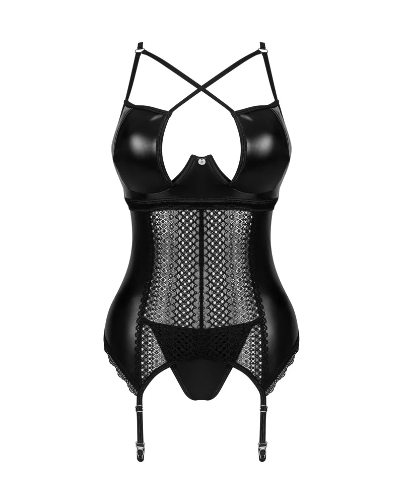 Obsessive Straps-Corsage und String im schwarzen Set Norides. Im edlen Wetlook, dazu schöne Spitzen-Einsätzen und -Details.