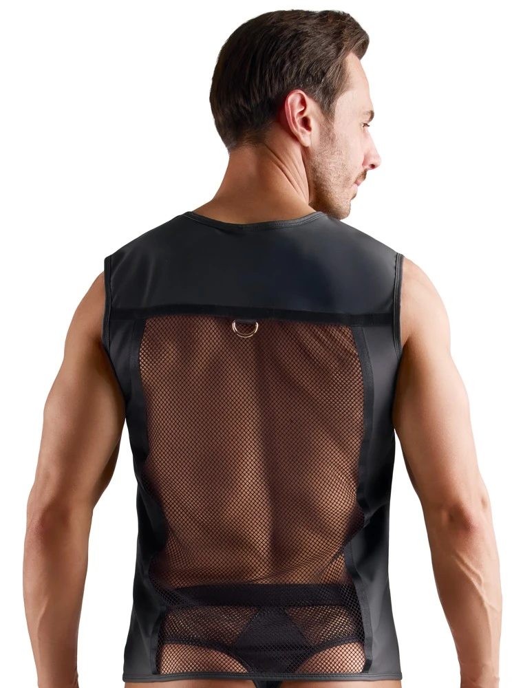 Sexy Netz-Shirt Herren schwarz mit Wetlook Mix und Reißverschluss vorne, elastisch mit auffälligen Ringen und körperbetonter Passform von Svenjoyment