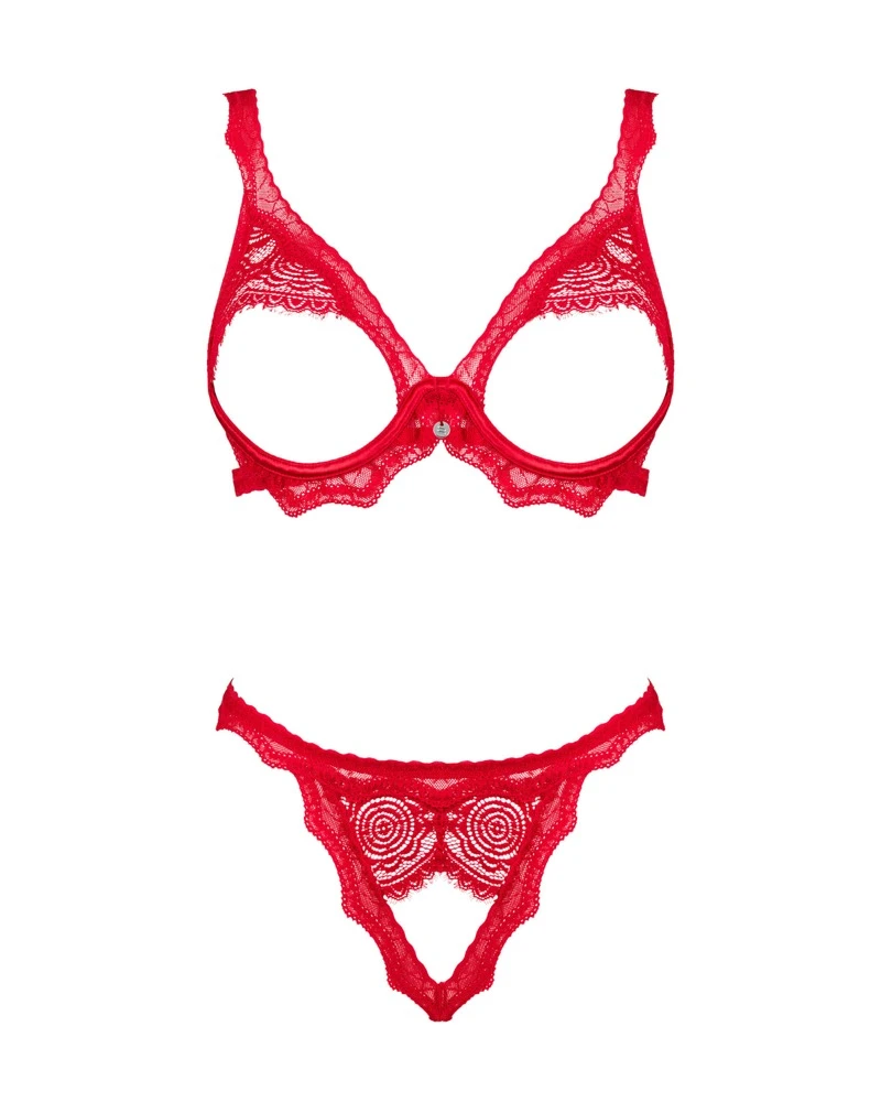 Obsessive Rotes Ouvert-Set Bergamore mit Bügel-BH und String aus weicher elastischer Blüten Spitze mit verführerisch offenen Schritt.