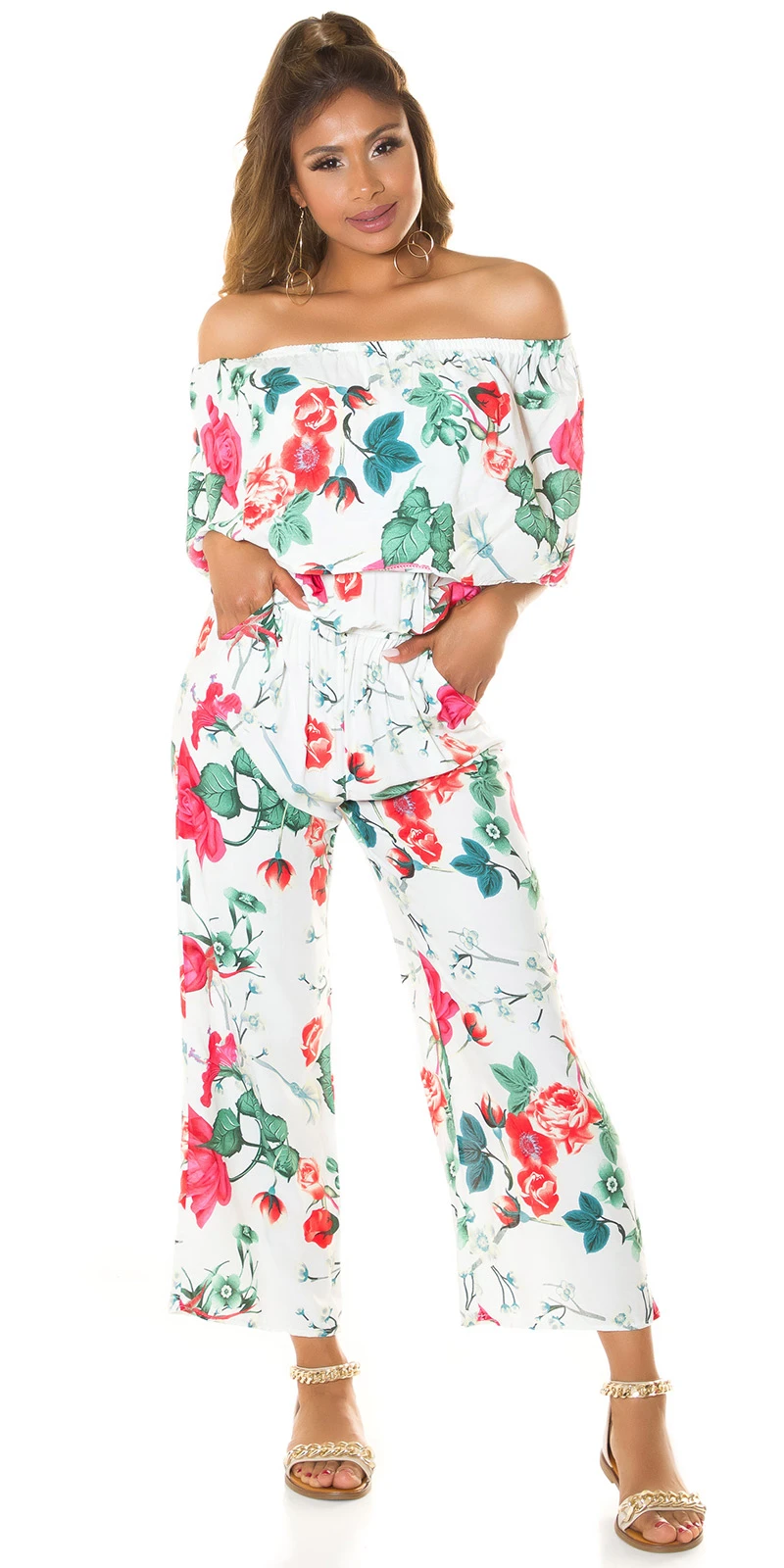 Rose Printed One Shoulder Maxi Marlene Viskose Jumpsuit mit Volant