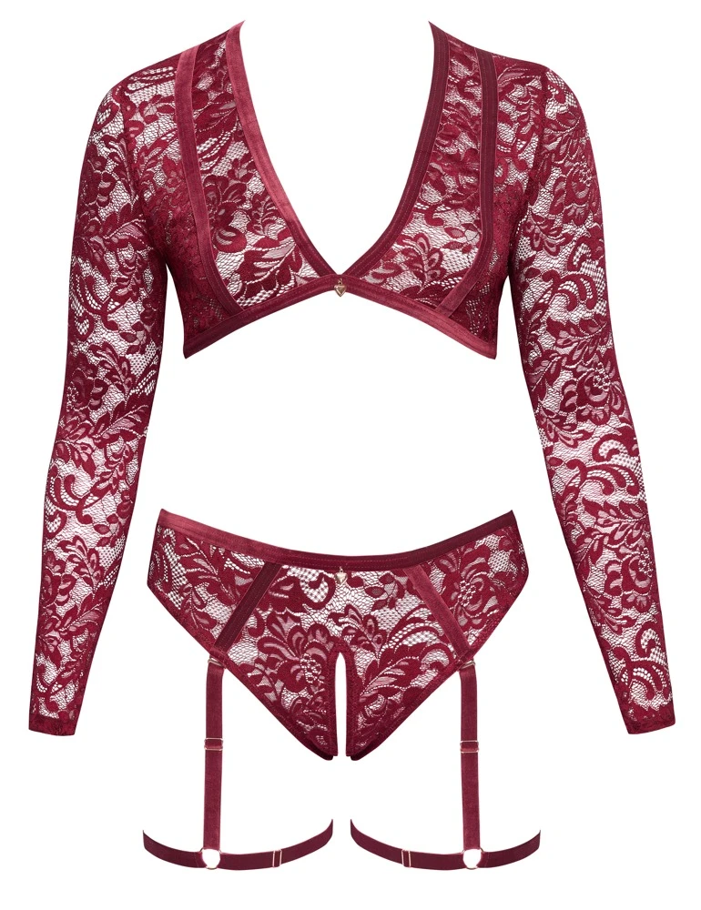 Luxuriöses Set aus Spitze und Samt: Langarm-Top und ouvert Straps-Slip von Cottelli CURVES für verführerische Looks!