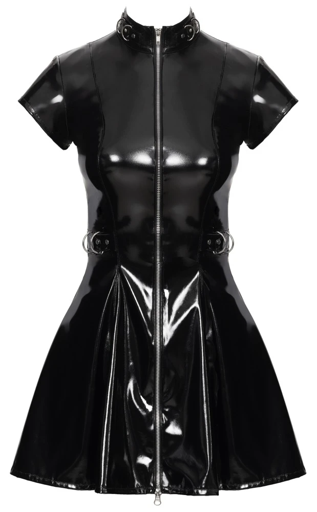 Black Level Lack-Minikleid in Schwarz – Aufreizend hochgeschlossen mit ausgestelltem Rock, kurzem Arm, Nieten und verführerischem 2-Wege-Reißverschluss, Clubwear