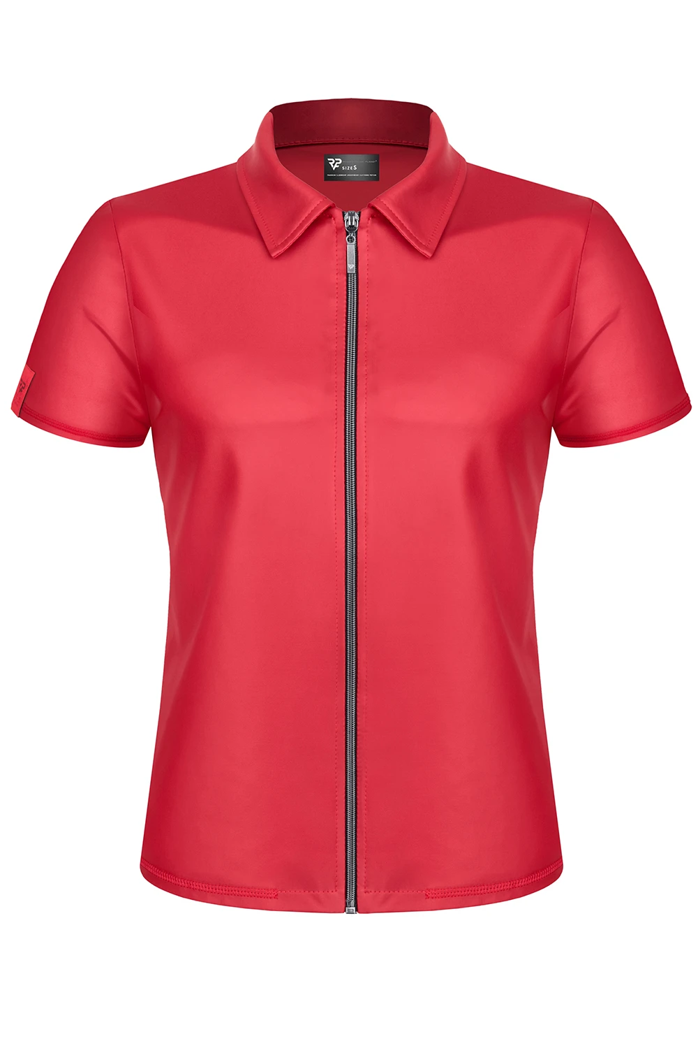 Herren T-Shirt RMMauricio001 rot im matten Wetlook mit Stehkragen, markantem schwarzen Reißverschluss und figurbetonender Slim-Fit Form