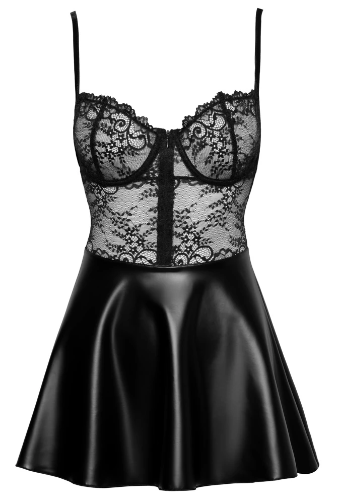 Minidress aus Powerwetlook und Spitze, Spitzen-Oberteil für ein betörendes Dekolleté mit Wetlook Rockteil