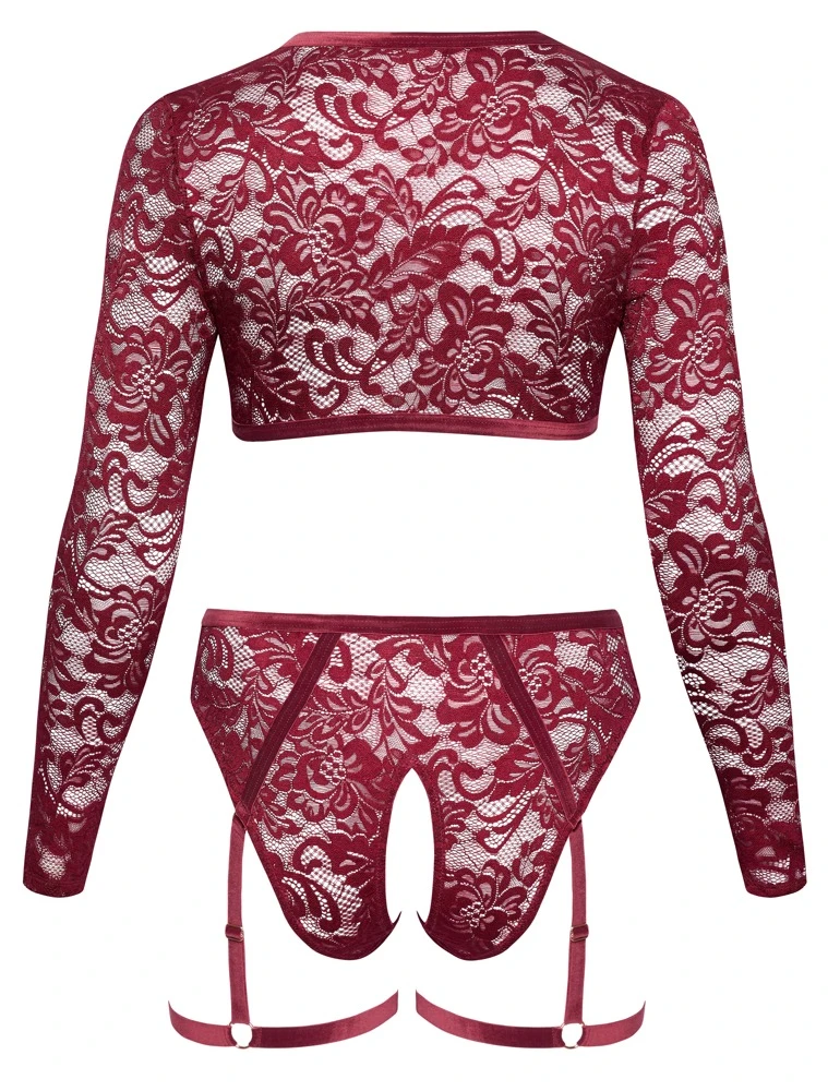 Luxuriöses Set aus Spitze und Samt: Langarm-Top und ouvert Straps-Slip von Cottelli CURVES für verführerische Looks!