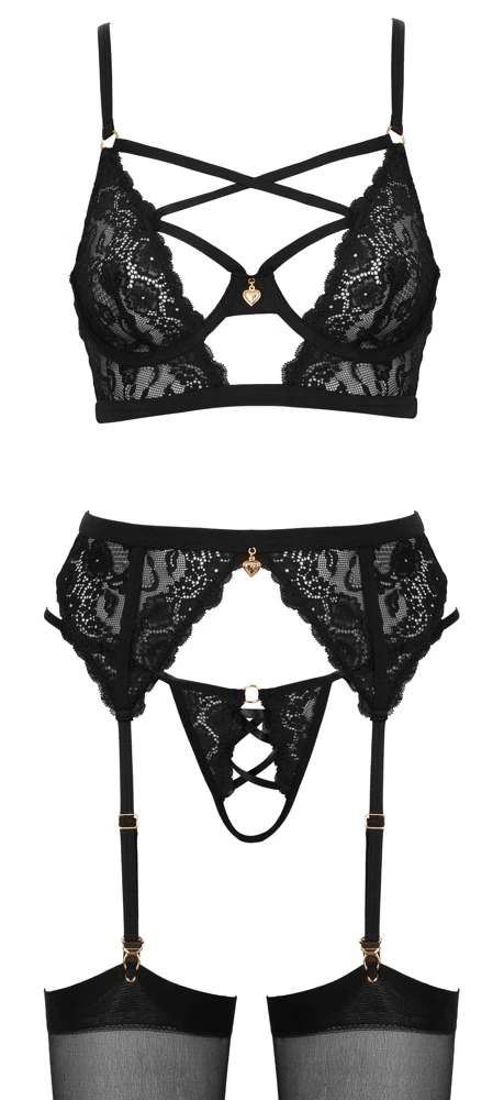 ottelli LINGERIE Straps-Set 3-teilig – Sexy Bügel-BH, Strapsgürtel & String ouvert aus schwarzer Blütenspitze mit goldenen Schmuck-Herzchen