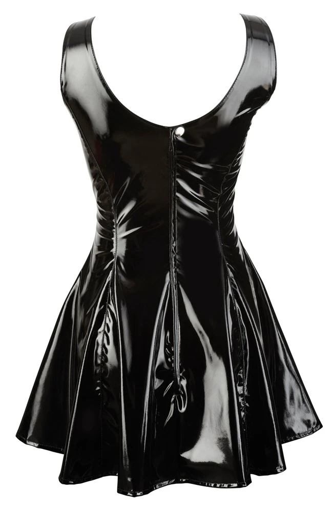 Kurzes, ärmelloses Kleid von Black Level komplett im schwarzen Lackglanz mit tiefem Ausschnitt vorne und hinten.