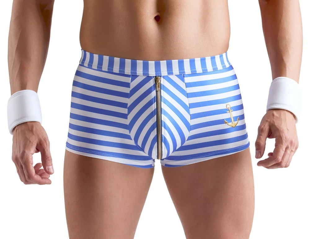 Streifen-Pants blau/weiß mit Anker-Stickerei, Reißverschluss-Beutel und 2 Handmanschetten im Matrosen-Look von Svenjoyment