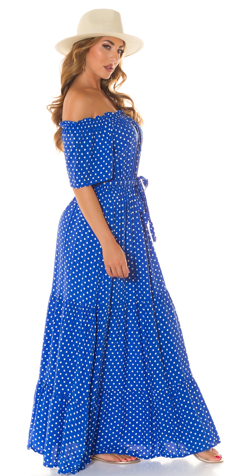 Sexy Koucla Maxikleid mit Carmen Ausschnitt und Polka Punkten Sexy Koucla Maxikleid mit Carmen Ausschnitt und Polka Punkten