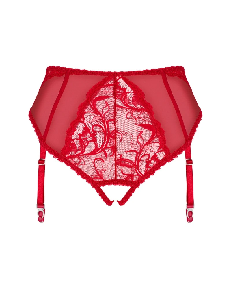 Obsessive Höschen mit Strapsen aus eleganter Spitze mit offenen Schritt in Rot. Perfekte Passform durch abnehmbare und verstellbare Träger.