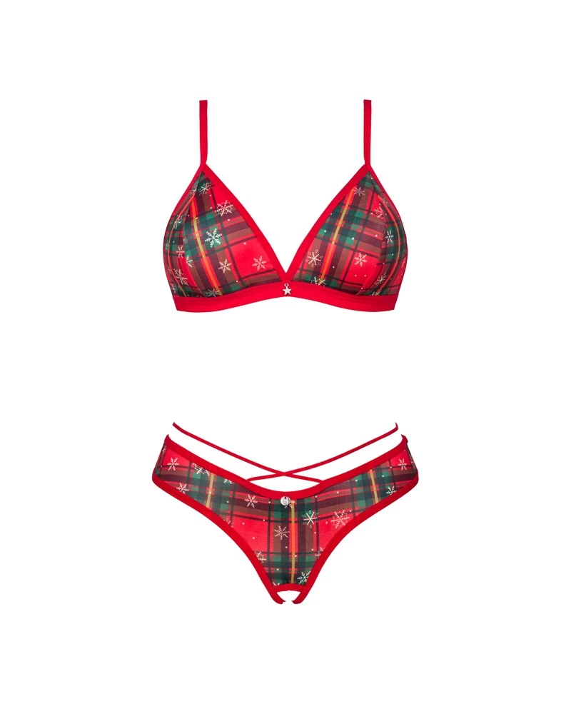 Weihnachtliches Karo-Dessous-Set, Lingerie BH & Riostring ouvert mit Schneeflocken, Plüsch-Bommel und verstellbaren Trägern, weißen Plüsch-Bommel