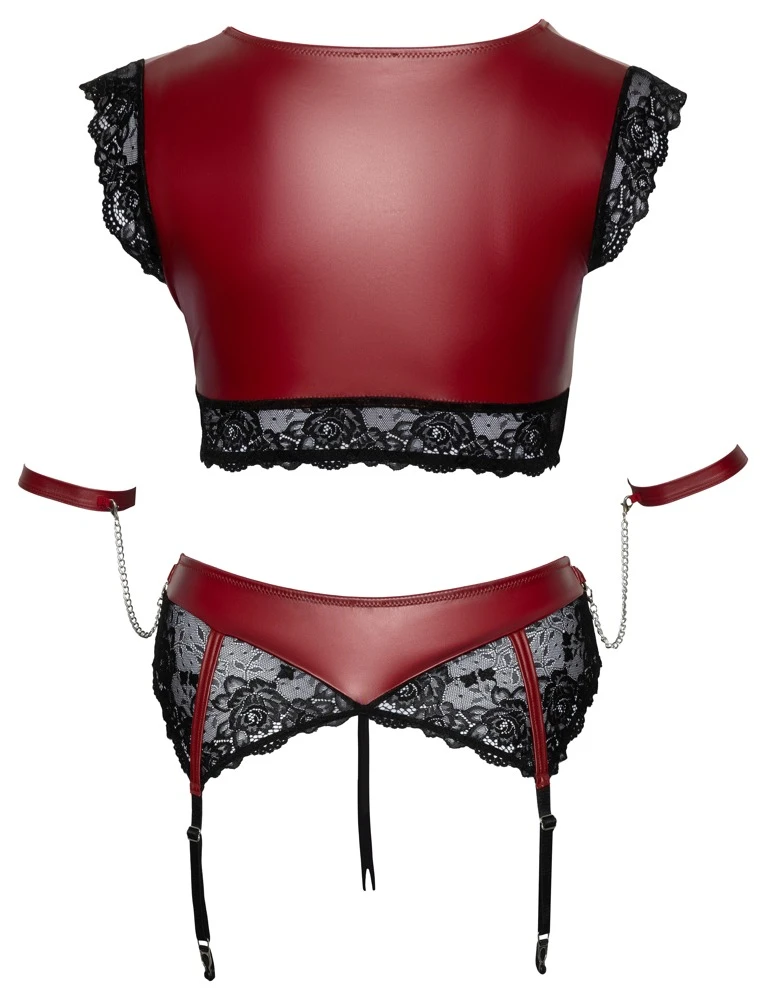 Cottelli Bralette und Highwaist-String mit Strapsen und Armfesseln im edlen Mattlook mit feiner Spitze