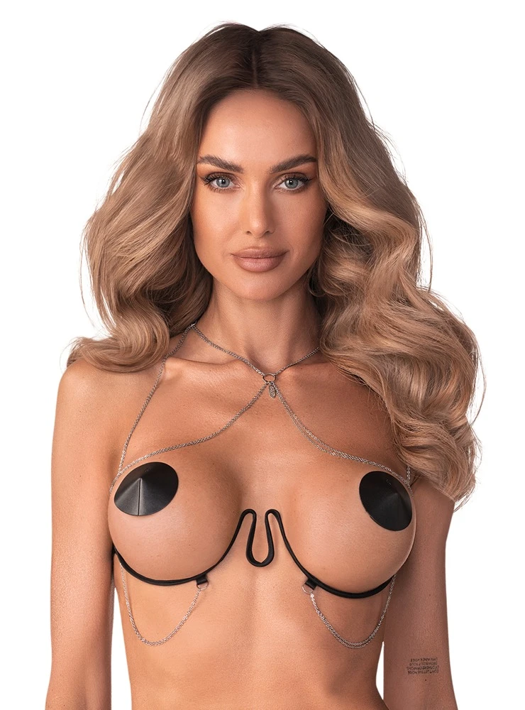 Bügel-BH Harness im Ouvert-Design von Obsessive mit verstellbarem Kettchen-Neckholder, Schmuck im Dekolleté und schwingenden Kettchen
