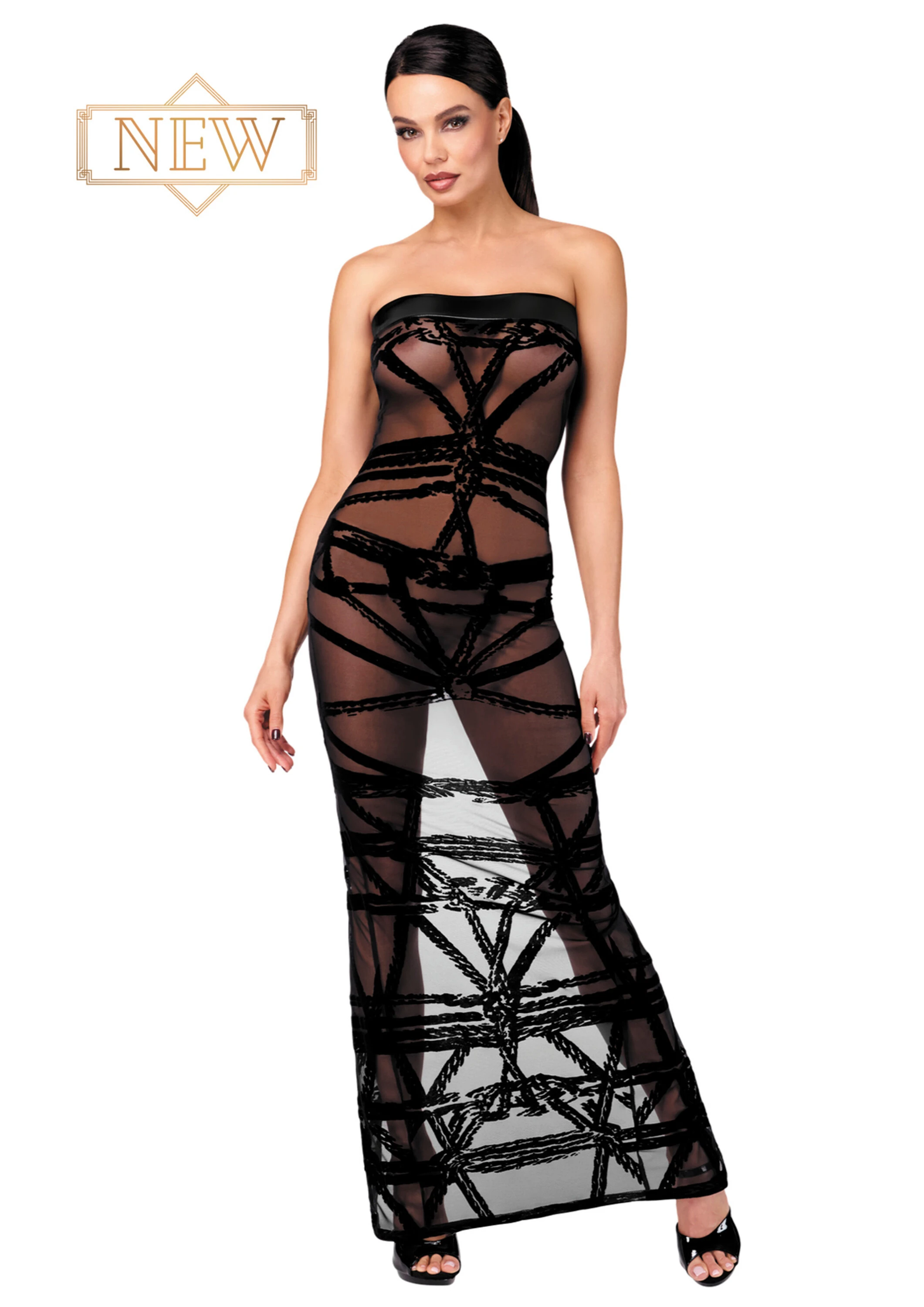 Langes Off-Shoulder Kleid Bondesque Kinky aus elastischem Tüll mit Shibari-Flock und Wetlook-Bund, figurbetont mit Gehschlitz für einen kraftvollen und stilvollen Look F358 Noir Handmade