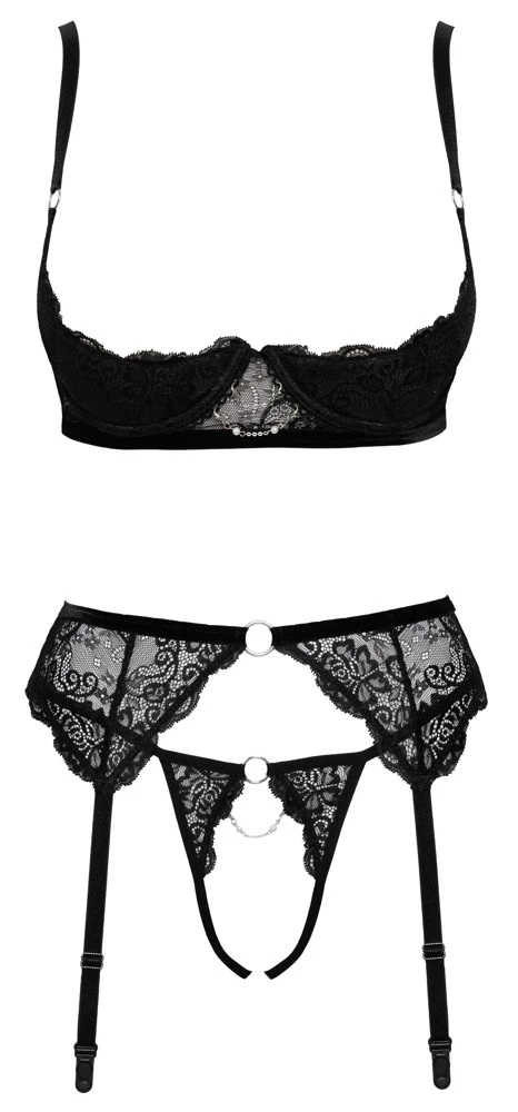 Cottelli LINGERIE Dessous Set Hebe Set Kette Hebe BH, Strapsgurt und String ouvert im Set