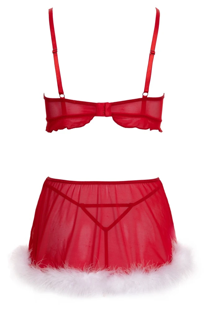 3-teiliges Dessous-Set X-Mas aus rotem Powernet mit weißem Federbesatz an BH-Top, Minirock und String für festliche Sinnlichkeit