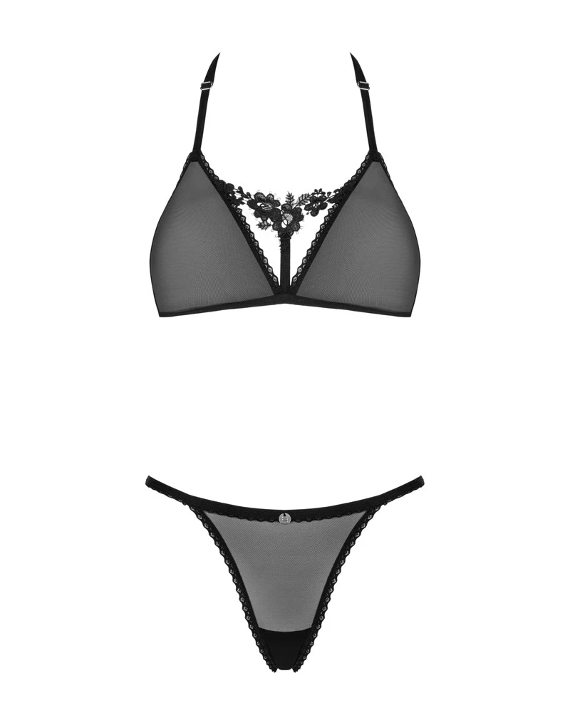 Obsessive Transparentes schwarzes Set Celia Noir mit Soft-BH und String aus elastischen Feinnetz, mit hochwertiger floraler Guipure-Spitze.