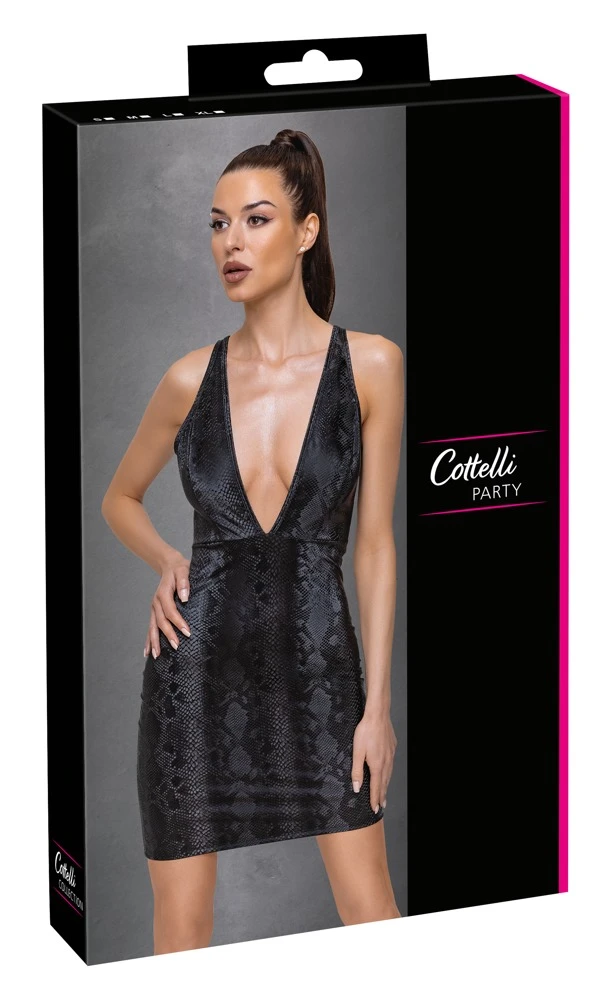 Cottelli PARTY Kleid Snake Animalisches Minidress vorne und hinten tiefer V-Ausschnitt