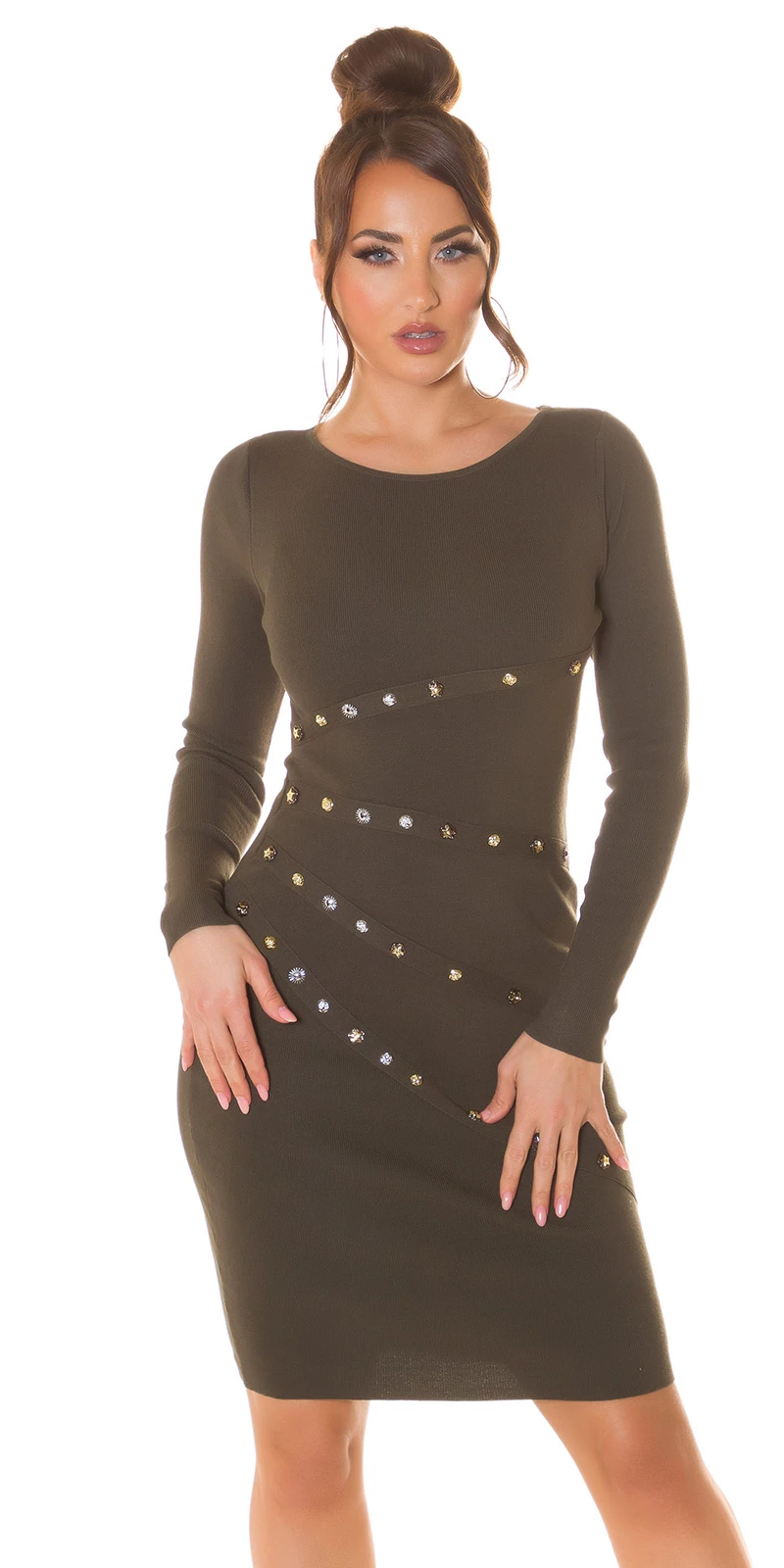Uni Langarm Business Minikleid mit Deko Steine Uni Langarm Business Minikleid mit Deko Steine