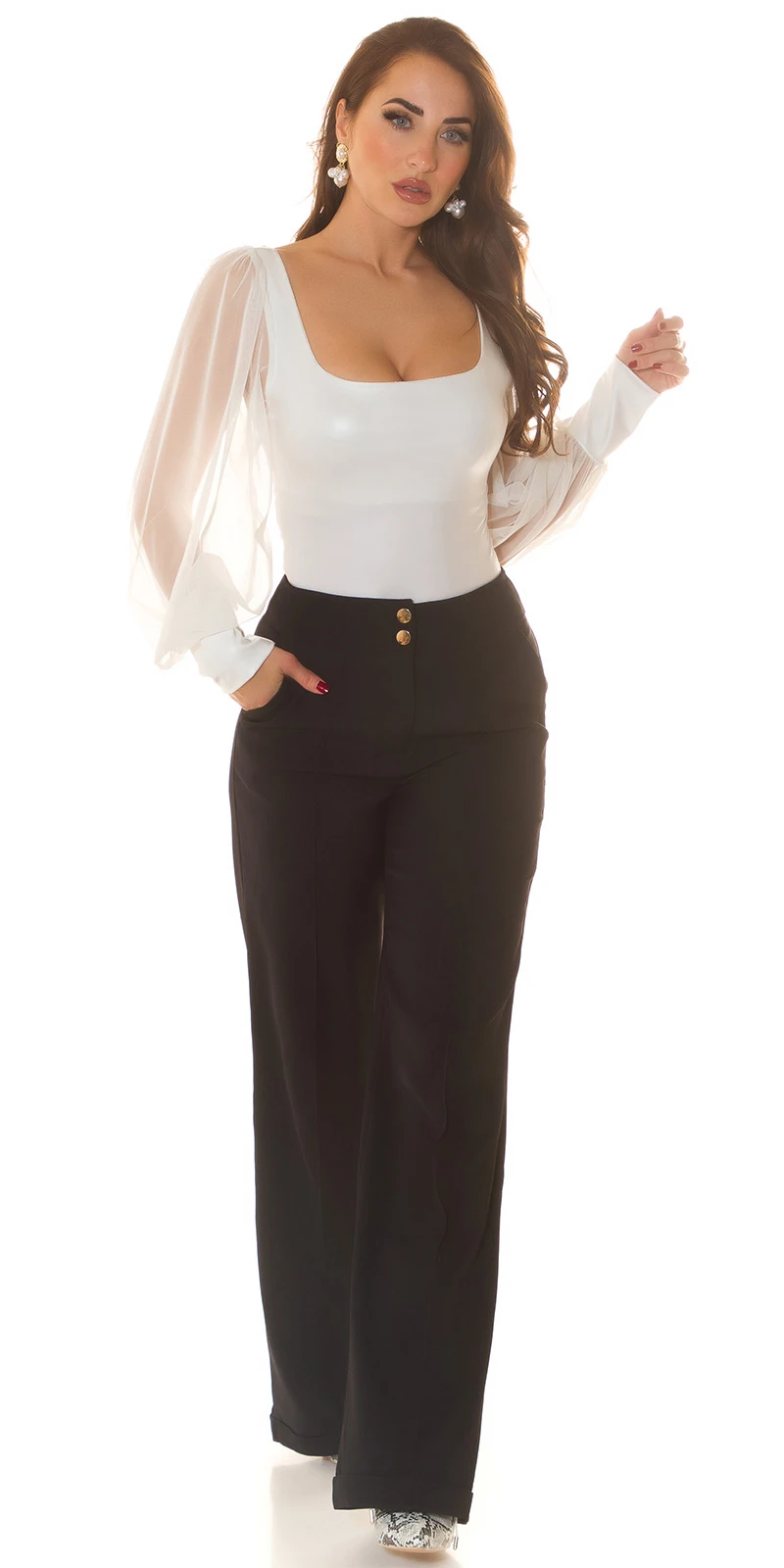 Highwaist Stoffhose Marlene Business Hose mit weitem Bein Schlaghose Bügelfalte und Krempel Highwaist Stoffhose Marlene Business Hose mit weitem Bein Schlaghose Bügelfalte und Krempel