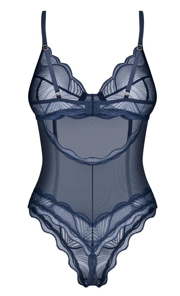Sinnlich eleganter Ouvert-Body Nightly Blue mit filigranen Spitzen und verstellbaren Trägern